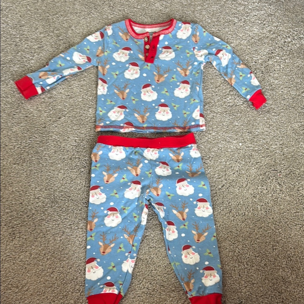 Mud Pie Blue Santa & Reindeer Pajama Set with Red Trim